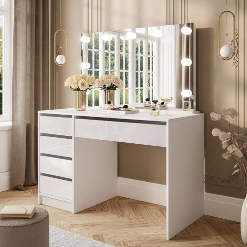 Scrivania Bianco Bianco Lucido 4 Cassetti Modulabile 120x55x143h cm, Fori Passacavi - Lusiana
