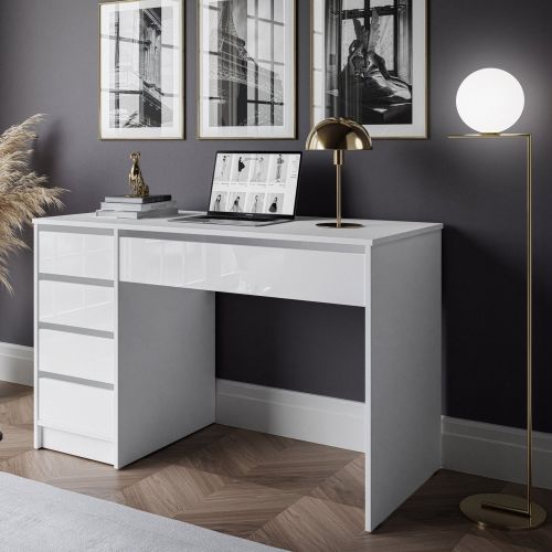 Scrivania Bianco Bianco Lucido 4 Cassetti Modulabile 120x55x143h cm, Fori Passacavi - Massico