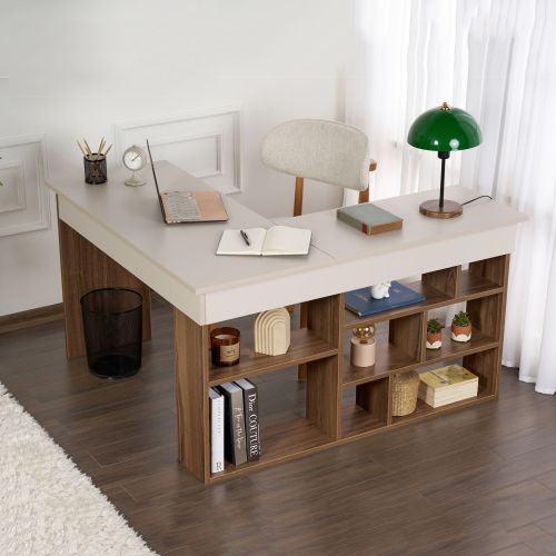 Scrivania Bianco Crema Marrone Noce Angolare 6 Ripiani 130x120x72h cm, 8 Vani - Altin