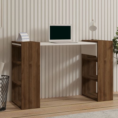 Scrivania Bianco Marrone Noce 5 Ripiani 6 Vani 124x44x75h cm, con Libreria - Furore