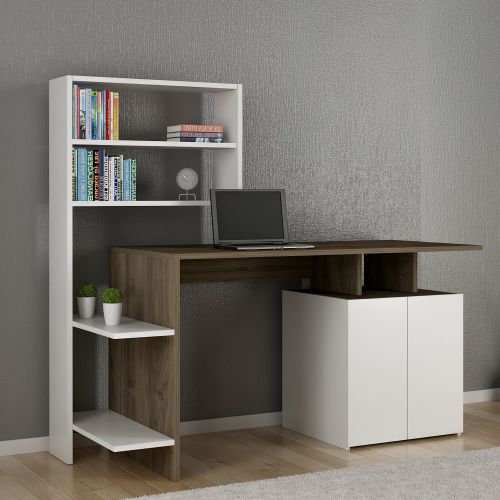 Scrivania Bianco Marrone Noce 6 Ripiani 2 Ante 146x60x74h cm, 6 Vani - Loria