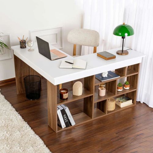 Scrivania Bianco Marrone Noce Angolare 6 Ripiani 130x120x72h cm, 8 Vani - Altin