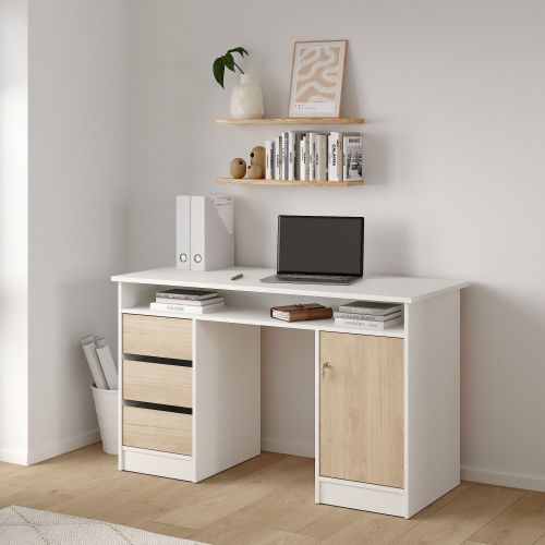 Scrivania Bianco Marrone Rovere 3 Cassetti 3 Ripiani 126x55x76h cm, Un'anta - Shanshan