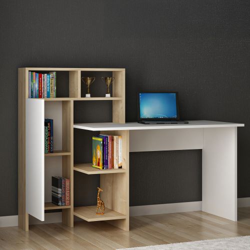 Scrivania Bianco Marrone Rovere 7 Ripiani Un'anta 71x60x74h cm, 7 Vani - Jato