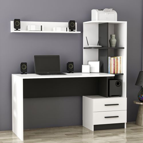 Scrivania Bianco Nero 7 Ripiani 2 Cassetti 120x60x74h cm, 4 Vani - Thiesi