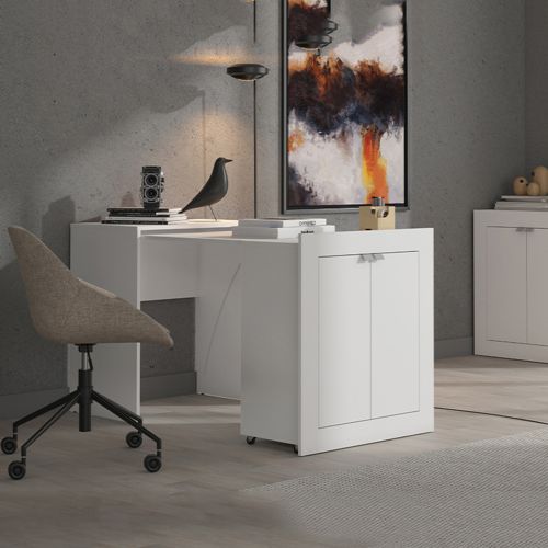 Scrivania Bianco Opaco 2 Ripiani 2 Ante 72x47x79h cm, Armadio Multiuso Richiudibile - Keylon