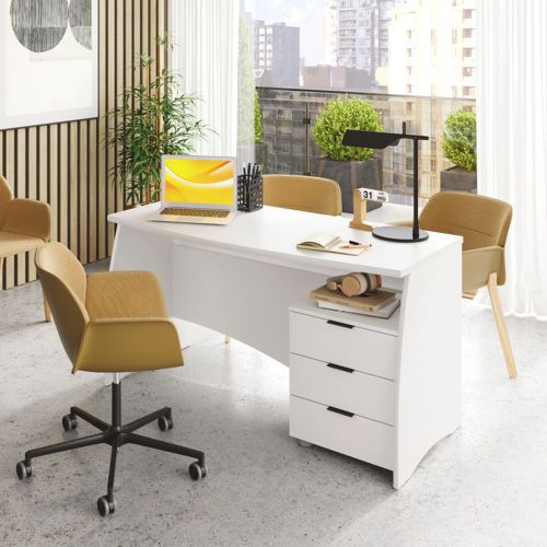 Scrivania Bianco Opaco Nero 3 Cassetti un Ripiano 136x67x72h cm, Sfumatura Colore Struttura Opaco - Azziz