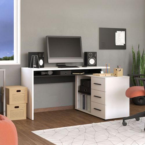 Scrivania Bianco Opaco Nero Angolare 3 Ripiani 137.5x101.5x75h cm, 3 Cassetti - Sapri