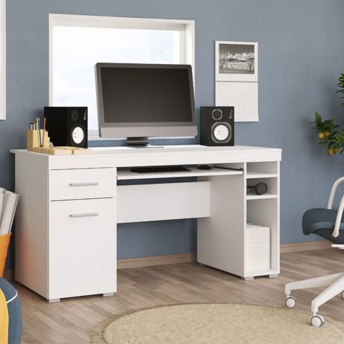 Scrivania Bianco Opaco un Cassetto 5 Ripiani 145x65.5x75.5h cm, Un'anta - Massafra