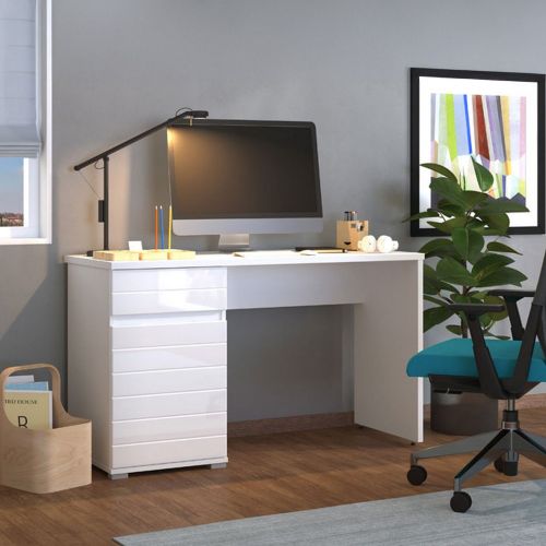 Scrivania Bianco un Cassetto un Ripiano 130x50x75.5h cm, Un'anta - Cambio