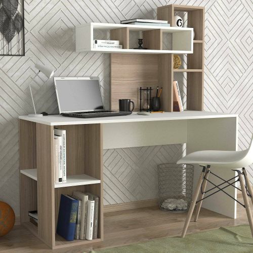 Scrivania Bootes, Scrittoio multiuso, Tavolo per ufficio porta PC, Piano di lavoro, 140x60 h154 cm, Bianco e Rovere