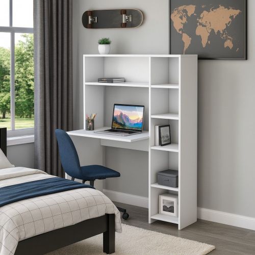 Scrivania Callidora, Scrittoio angolare, Tavolo ufficio multiuso, Scrivania salvaspazio multi posizione, 113x40h142 cm, Bianco