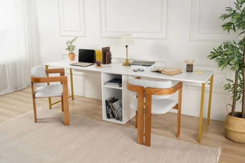 Scrivania Caprioli, Scrittoio multiuso, Tavolo per ufficio porta PC, Piano di lavoro, 240x60 h74 cm, Bianco e Oro