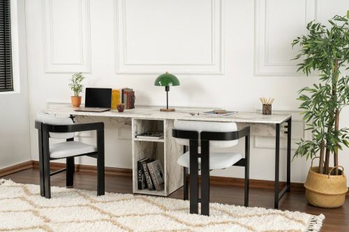 Scrivania Caprioli, Scrittoio multiuso, Tavolo per ufficio porta PC, Piano di lavoro, 240x60 h74 cm, Marmo e Nero