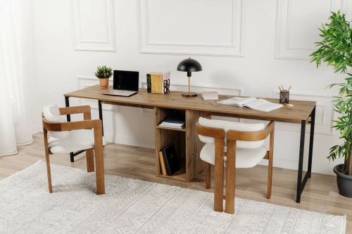 Scrivania Caprioli, Scrittoio multiuso, Tavolo per ufficio porta PC, Piano di lavoro, 240x60 h74 cm, Pino e Nero