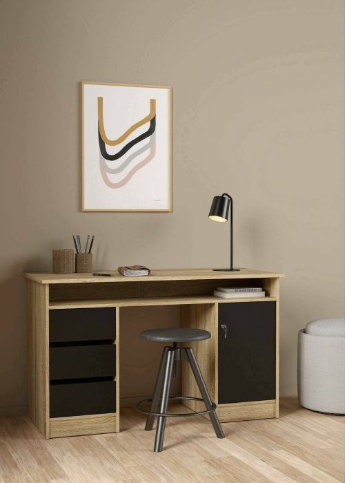 Scrivania Carine, Scrittoio multiuso, Tavolo per ufficio porta PC, Piano di lavoro, 55x126 h76 cm, Quercia e Nero