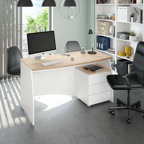 Scrivania Carrollton, Scrittoio da ufficio, Tavolo da studio porta PC con 3 cassetti, 136x67h74 cm, Bianco e Rovere
