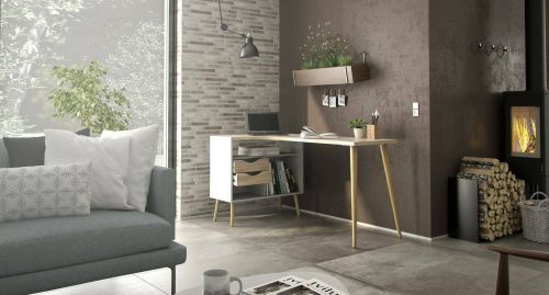 Scrivania Clarisse, Scrittoio multiuso, Tavolo per ufficio porta PC, Piano di lavoro, 145x81 h76 cm, Bianco e Quercia