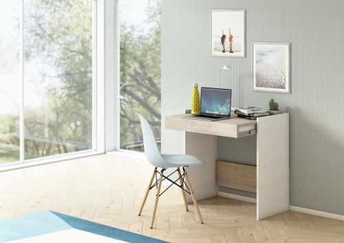 Scrivania Clematide, Scrittoio moderno con cassetto, Tavolo da studio o ufficio porta PC portalibri, 100% Made in Italy, 80x40h79 cm, Bianco e Rovere