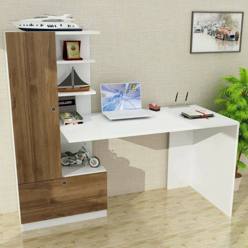 Scrivania Clytia, Scrittoio multiuso, Tavolo per ufficio porta PC, Piano di lavoro, 150x62 h120 cm, Bianco e Noce