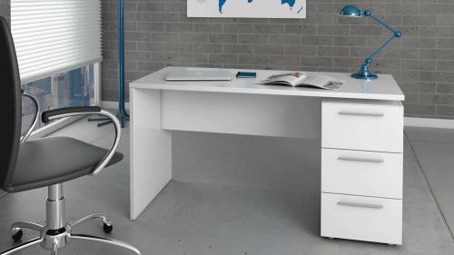 Scrivania Dallas, Scrittoio da ufficio moderno, Tavolo da studio con cassettiera a 2 cassetti e 1 anta, 138x60h74 cm, Bianco