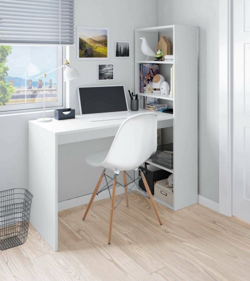 Scrivania Denton, Scrittoio multifunzione reversibile con libreria a 5 ripiani, Tavolo da studio o ufficio porta PC portalibri, 120x53h144 cm, Bianco