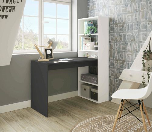 Scrivania Denton, Scrittoio multifunzione reversibile con libreria a 5 ripiani, Tavolo da studio o ufficio porta PC portalibri, 120x53h144 cm, Bianco e Antracite