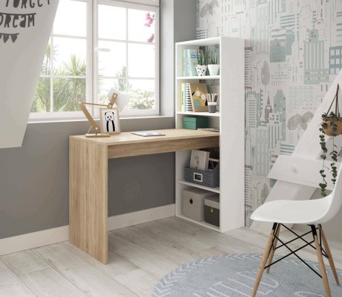 Scrivania Denton, Scrittoio multifunzione reversibile con libreria a 5 ripiani, Tavolo da studio o ufficio porta PC portalibri, 120x53h144 cm, Bianco e Rovere
