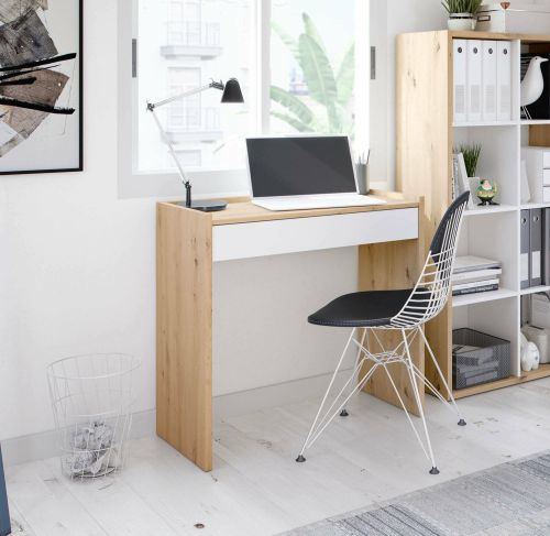 Scrivania Fresno, Scrittoio lineare con cassetto, Tavolo da studio o ufficio porta PC, 82x40h77 cm, Rovere nodi e Bianco