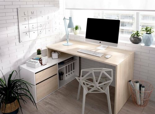 Scrivania Gardena, Scrittoio multiposizione da ufficio o cameretta, Tavolo da studio angolare multiuso, 139x92h75 cm, Bianco lucido e Rovere