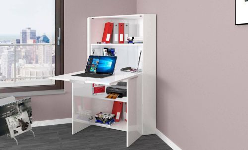 Scrivania Gianmaria, Mobile multiuso con scaffali e piano da lavoro, Tavolo multiuso per ufficio, Scrivania salvaspazio multiposizione, 100% Made in Italy, cm 70x57h140, Bianco lucido