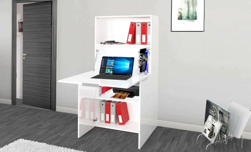 Scrivania Gianpiero, Mobile multiuso con scaffali e piano da lavoro, Tavolo multiuso per ufficio, Scrivania salvaspazio multiposizione, 100% Made in Italy, cm 70x35h140, Bianco lucido