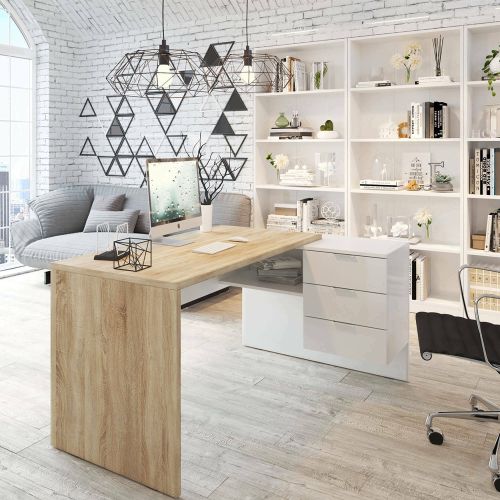 Scrivania Greensboro, Scrittoio multifunzione reversibile da ufficio con cassettiera, Tavolo da studio o ufficio porta PC ad angolo, 145x108h73 cm, Rovere e Bianco