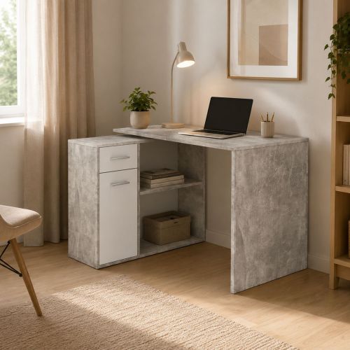Scrivania Grigio Cemento Bianco Angolare un Cassetto 120x92x74h cm, 2 Ripiani - Linaza