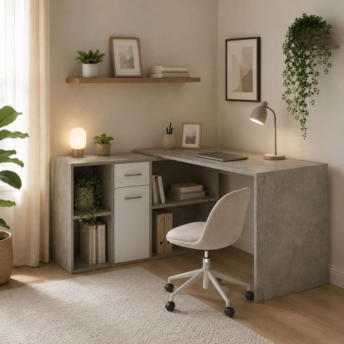 Scrivania Grigio Cemento Bianco Modulabile Angolare 122x120x75h cm, un Cassetto - Linare