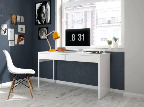 Scrivania Houston, Scrittoio multifunzione reversibile da ufficio, Tavolo da studio porta PC con 2 cassetti, 138x50h75 cm, Bianco