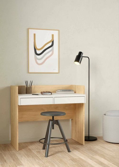 Scrivania Jacqueline, Scrittoio multiuso, Tavolo per ufficio porta PC, Piano di lavoro, 56x102 h89 cm, Rovere e Bianco