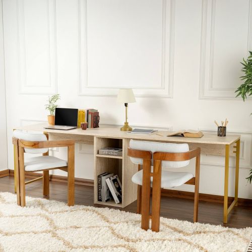 Scrivania lineare beige e oro 240x60cm con supporto computer - Violet