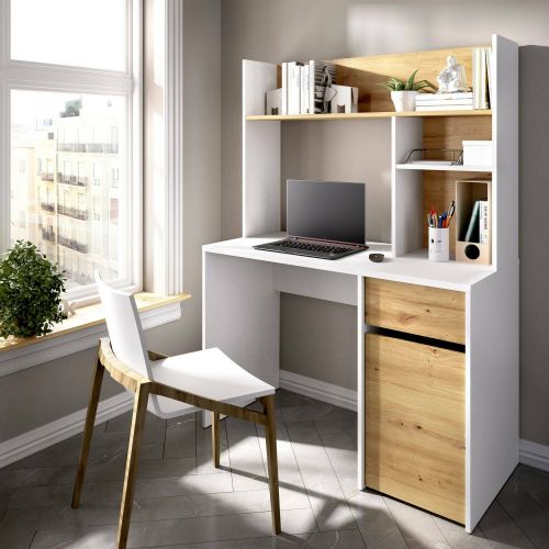 Scrivania lineare bianca e legno 110x50cm con libreria - Zefiro