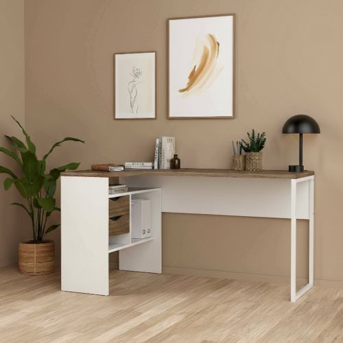 Scrivania lineare bianca e noce 145x81cm con 2 cassetti - Moire