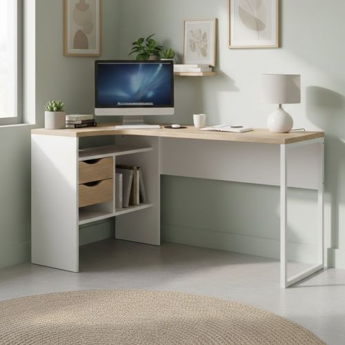 Scrivania lineare bianca e rovere 145x81cm con 2 cassetti - Moire