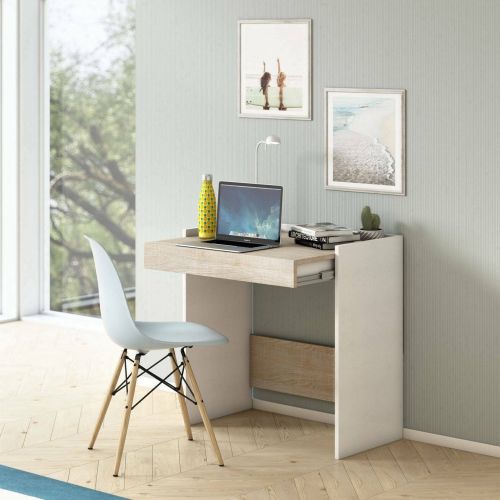Scrivania lineare bianca e rovere 80x40cm con 1 cassetto - Adri