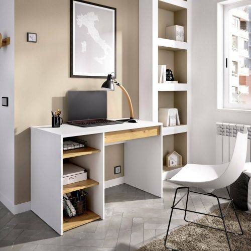 Scrivania lineare bianca e rovere nodi 110x50cm in legno - Antonello