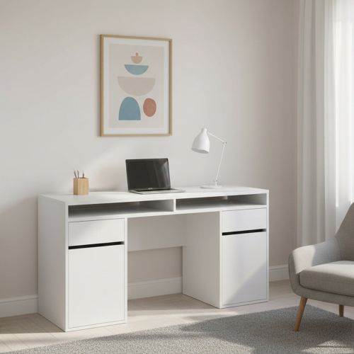 Scrivania lineare bianca lucida 149x48cm con 2 cassetti - Leepi