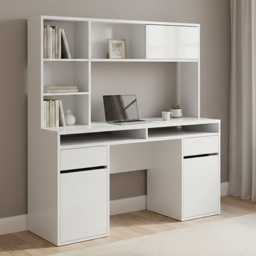 Scrivania lineare bianca lucida 149x48cm con libreria - Ambrenti