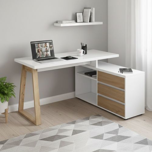 Scrivania lineare bianca lucida e rovere 135x75cm con 3 cassetti - Hachette