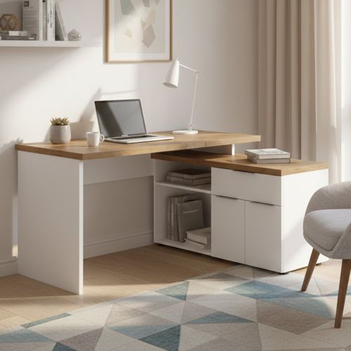 Scrivania lineare bianca lucida e rovere 140x120cm con 1 cassetto - Belpasso