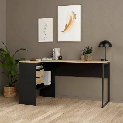 Scrivania lineare nera e quercia 145x81cm con 2 cassetti - Moire
