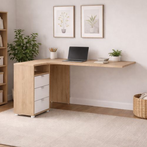 Scrivania lineare rovere e bianca 150x99cm con 3 cassetti - Peipah