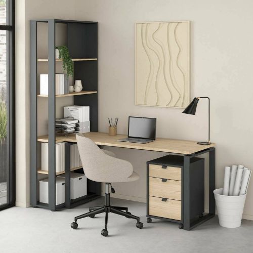 Scrivania lineare rovere e grigia 184x79cm con libreria - Etienne